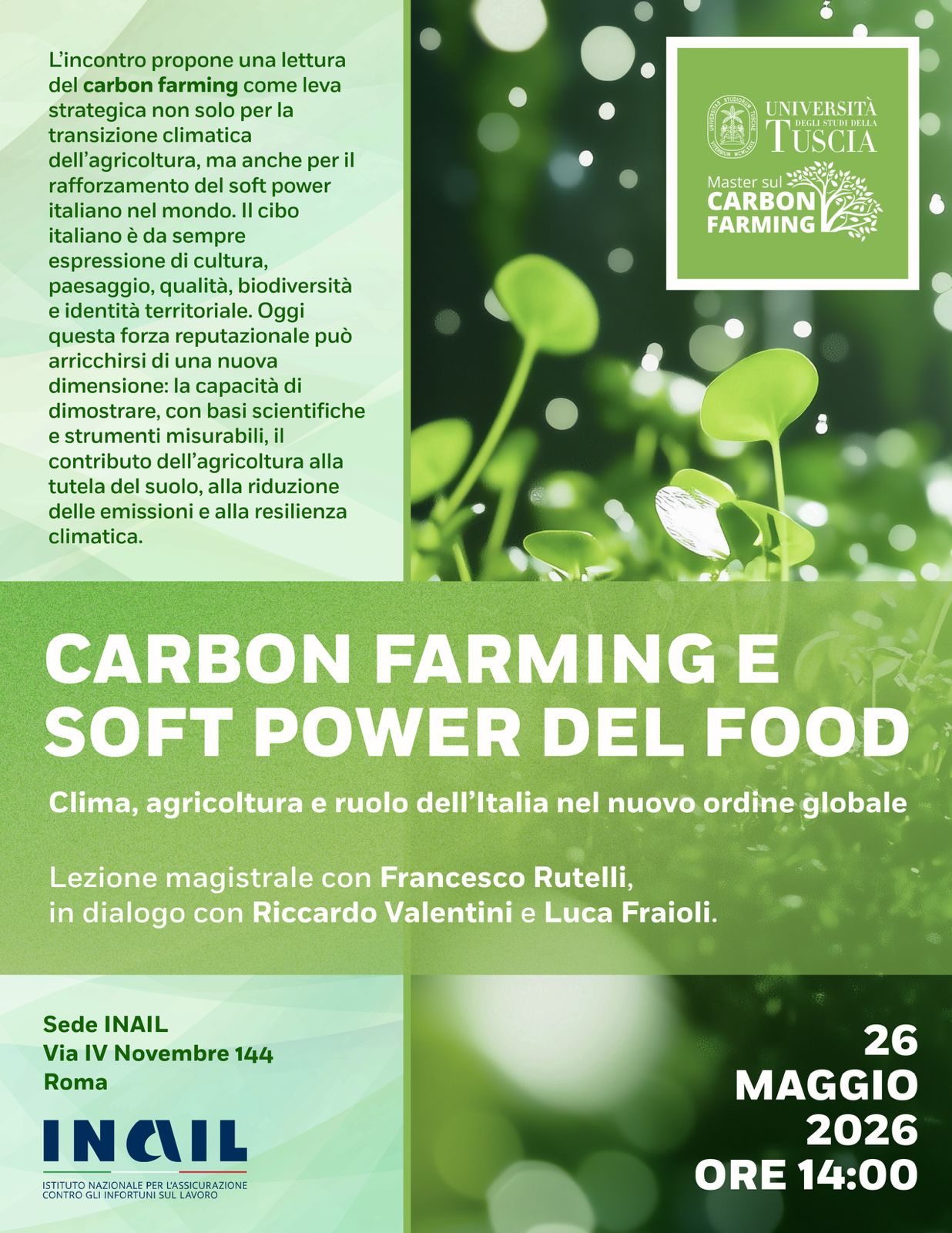 Locandina della conferenza Carbon Farming e Soft Power del Food del 26 maggio 2026